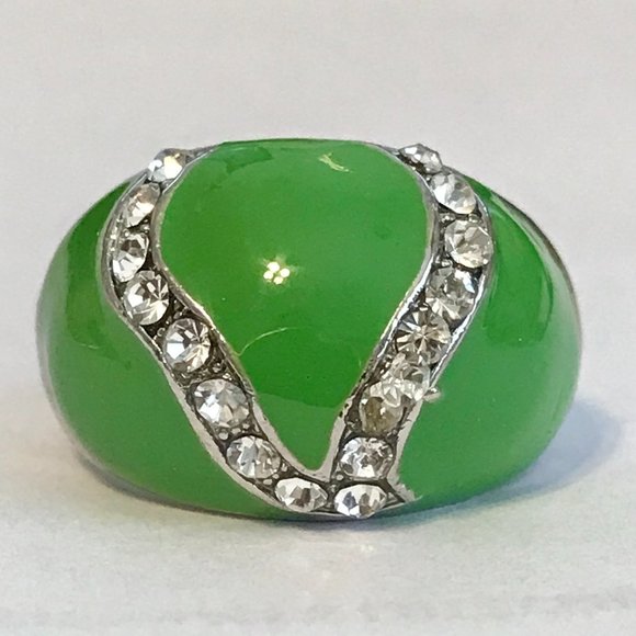 Vintage Green Enamel Cocktail Ring Silver Plated Crystal Rhinestone Size 8 Boho - Picture 6 of 12